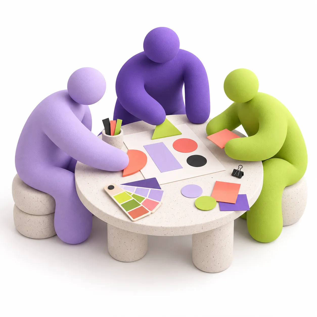 Figuras abstractas sin rostro colaborando alrededor de una mesa con formas y muestras de color.